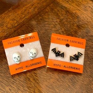 Halloween Earrings White Skull & Black Bat Pierced  Earring Goth Spooky 1980 80s